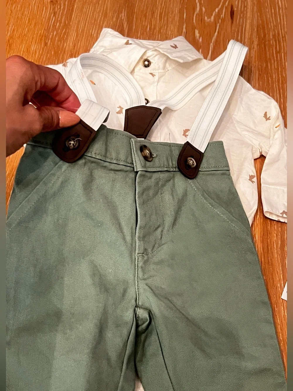 Carter's Olive Green Pants with White Suspenders and Cream Shirt